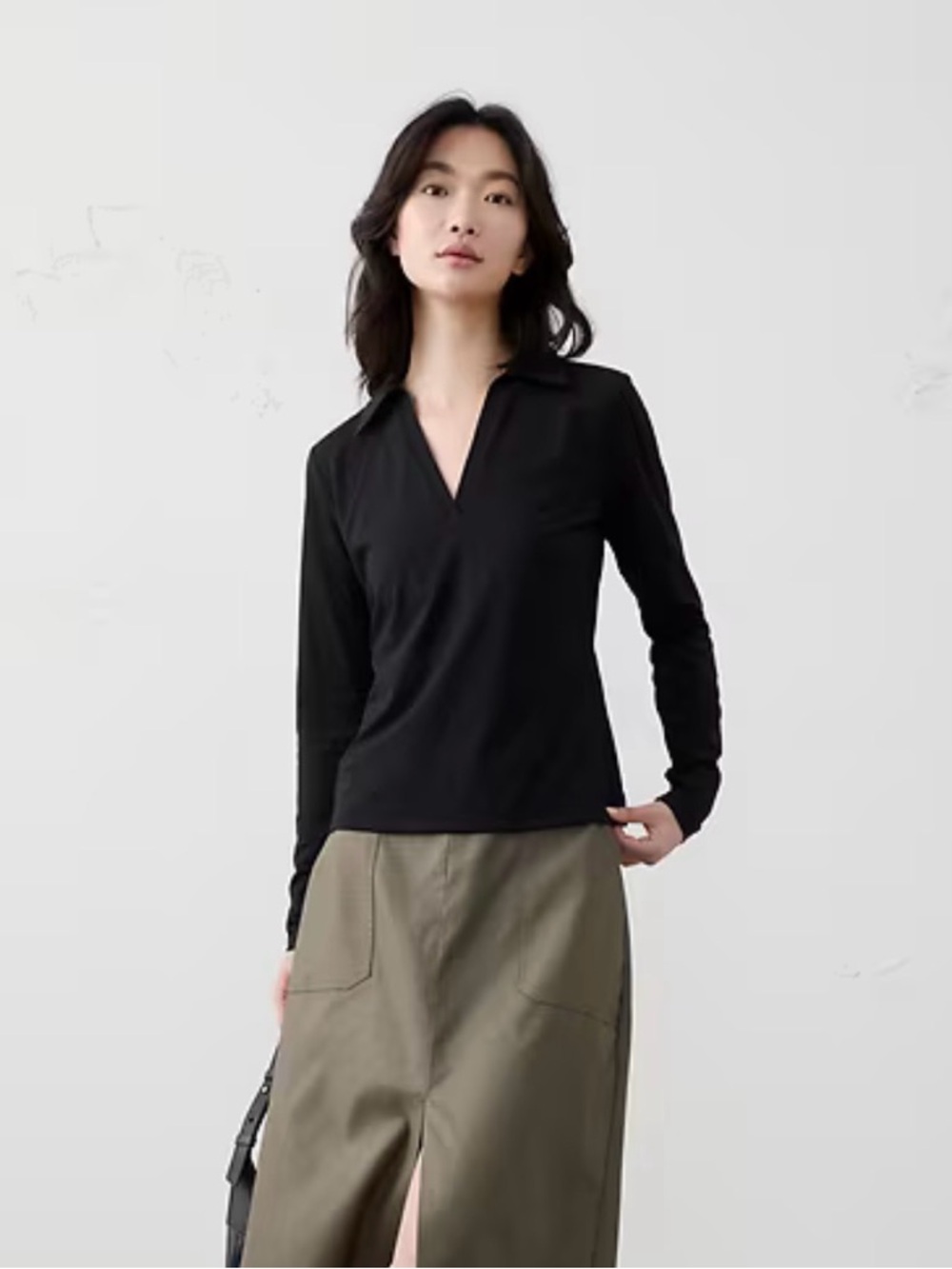 NWOT Banana Republic Black Long-Sleeve V-Neck Polo